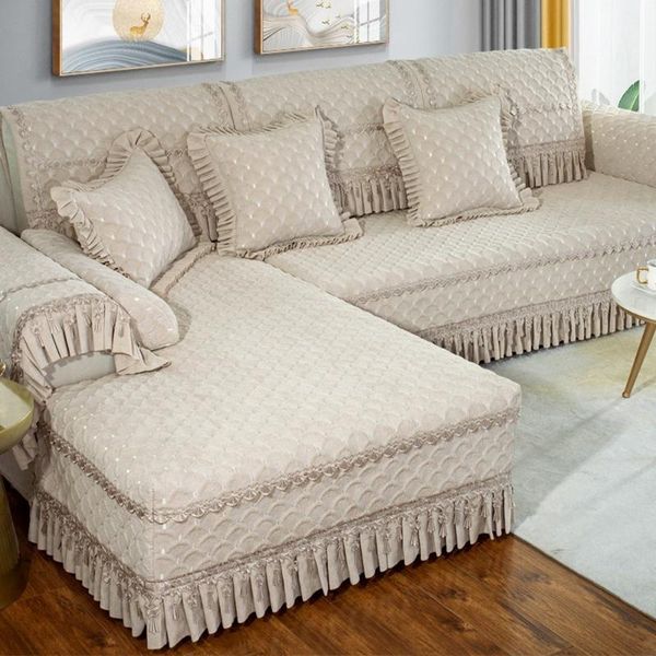 Fodere per sedie Set completo di divano di lusso Set di ciniglia beige Accogliente morbido asciugamano Fodera Cuscino antiscivolo Kit combinazione schienale