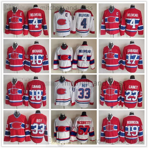 Film Vintage Hokey Jersey Retro CCM Nakış 4 Jean Beliveau Jersey 33 Patrick Roy 16 Henri Richard 17 Georges Laraque 18 Serge Savard 19 Larry Robinson Bob Gainey