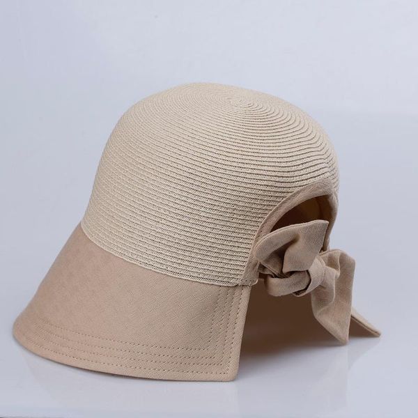 Cappelli a tesa larga Fiocco Panamas Protezione UV Visiera parasole Spiaggia Elegante Visiera da donna Tappi forcella posteriore Cappello estivo femminile Berretto per donnaLargo