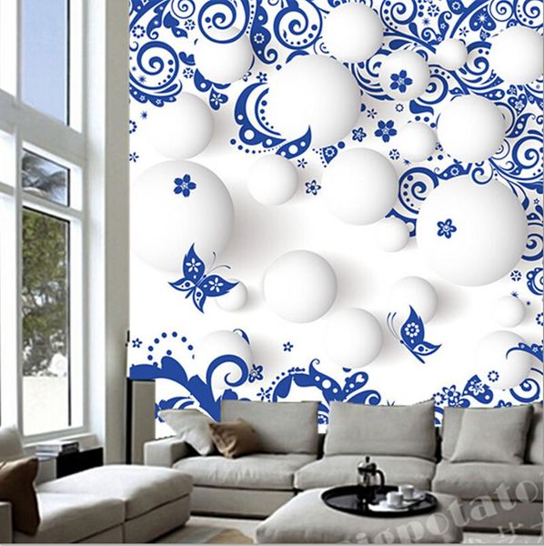 Tapeten Benutzerdefinierte Chinesische 3D Weiße Kugel Blau Und Porzellan Wandbilder El Restaurant Café Wohnzimmer TV Wand Schlafzimmer Tapete