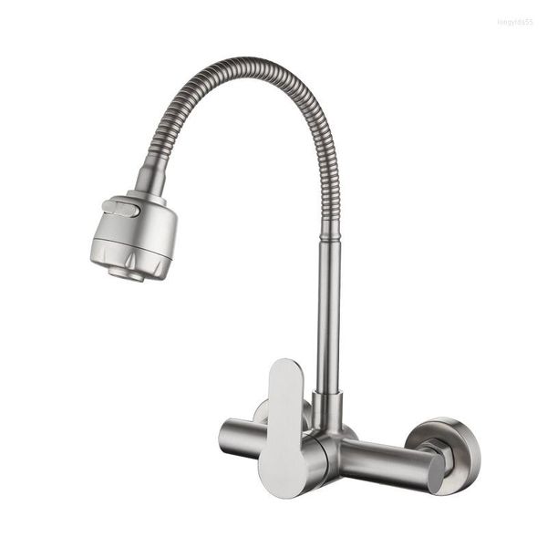 Küche Wasserhähne Wandmontierte Wasserhahn ziehen Down Stream Sprayer Bubbler Edelstahl Spüle Wasserhahn Flexibler Schlauch Doppellöcher Kaltmixer