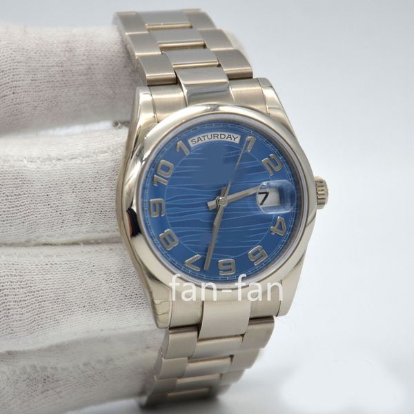 ew Factory watch Cal.3255 Day-Date 36mm 18K Ouro Branco Aço Azul Onda Dial Relógio Automático 118209