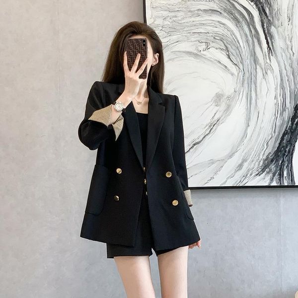 Ternos femininos Blazer vintage Mulheres Jaqueta de outono da primavera Blazers Coats Moda coreana Luxuosa marca de botão dupla de linha