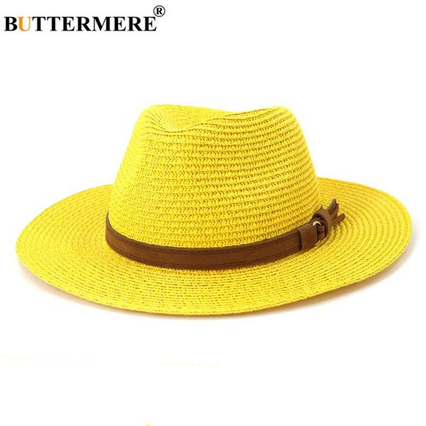 Hüte mit breiter Krempe, Strohhut für Damen, Sommer, britischer Stil, gelber Panama-Fedora, Sombrero, Damenkappe, 56–58 cm