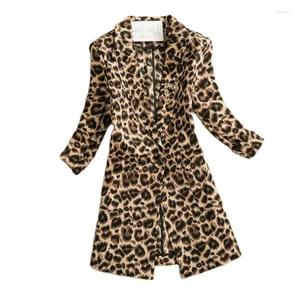 Ternos femininos da primavera da primavera verão fino estampado de leopardo de comprimento médio blazer jaqueta feminina de três quartos de manga Blazers Coat fêmea fêmea feminina