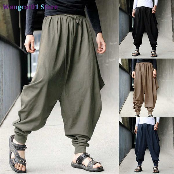 calça masculina wangcai01 chinoiserie 2022 notícias de algodão calças de algodão solto casual roupas chinesas tradicionais homens hakama samurai roupas japonesas hip hop 0318h23