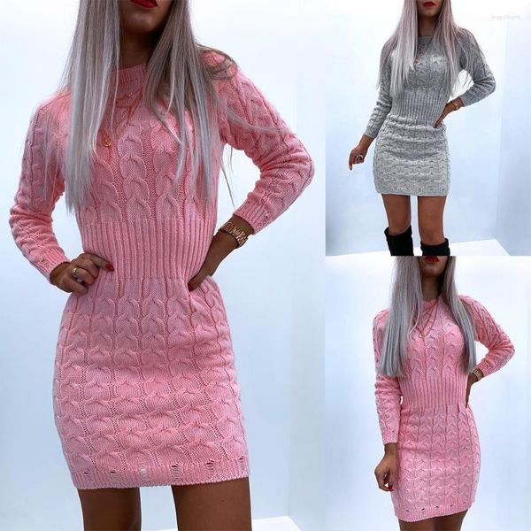 Abiti casual Sky Autumn and Winter for Women 2023 Colore solido Sexy Round Neck Elegant High BodyCon Dress Dress Wear