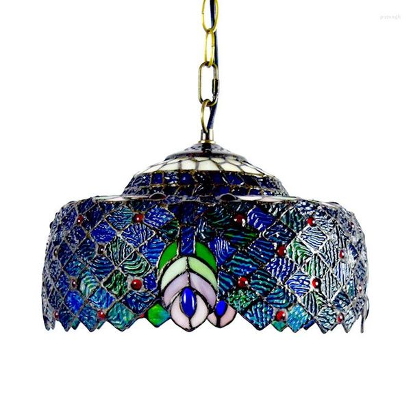 Lampade a sospensione Lampadario color pavone blu Lampada in vetro a led retrò Soggiorno Camera da letto Tiffany Protezione degli occhi Illuminazione decorativa