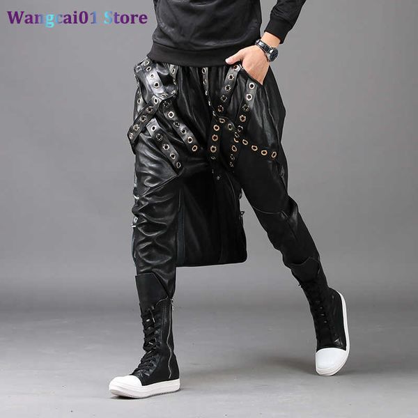 Wangcai01 Herrenhose Herrenmodes schwarze Jogger enge Jugend Harem Hosen Männer schlank koreanische Motorrad -Lederhosen PU Herbst Winter Nieten Hosen 0318H23