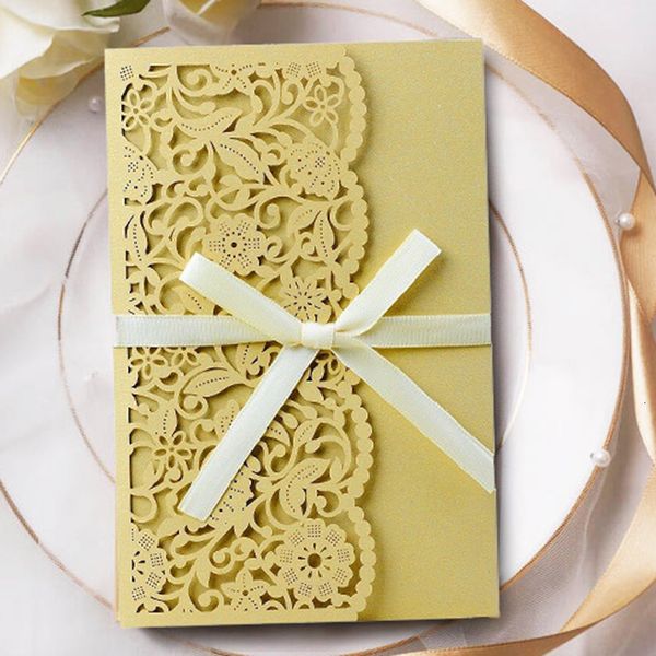 Cartões de felicitações 10pcs Vine Flor Laser Cut Invitations Card Card Favor com RSVP Pocket Pocket Bows Personalize Convites Card Party Decor 230317