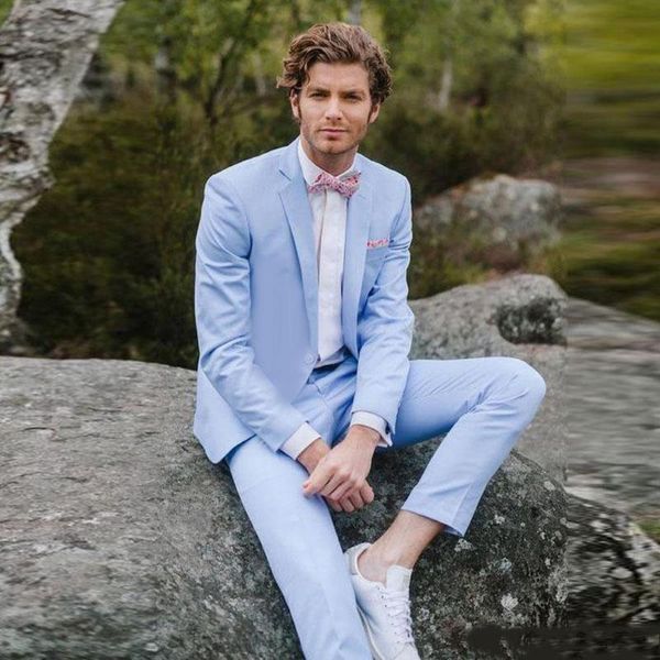 Ternos masculinos Blazers claros azul -céu Slim Fit Wedding Tuxedos Dois botões de lapela de lapela de lapela de casaco e calça personalizados para o noivo WEA