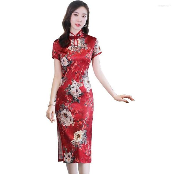 Abbigliamento etnico Shanghai Story Manica corta Abito tradizionale cinese Cheongsam floreale Lunghezza al ginocchio Qipao di seta per le donne