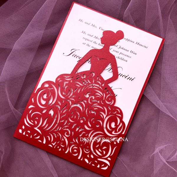 Grußkarten, roter Schimmer, lasergeschnittene Hochzeitseinladungen, 50 Stück, individuell bedruckte Einladungskarten für Brautparty, Geburtstag, süße 15-Einladung 230317