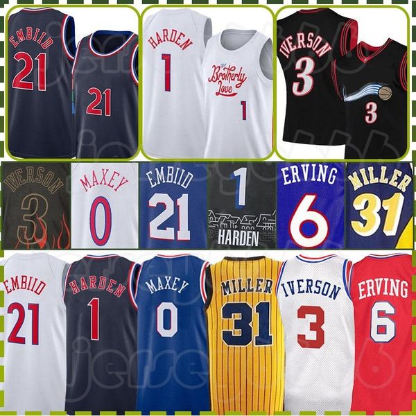 James Harden Joel Embiid Jerseys Tyrese Maxey Retro Allen Iverson 1 0 6 21 3 Julius Erving Victor Oladipo Reggie Miller Philadelphias 76er Mens Shirt