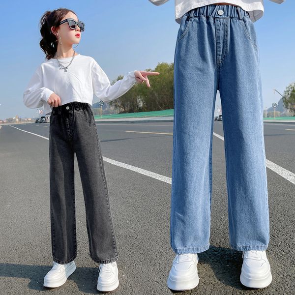Jeans jeans casuais jeans para meninas roupas adolescentes elástica de cintura alta calça larga de perna larga primavera garotas grandes calças retas 5-14Y 230317