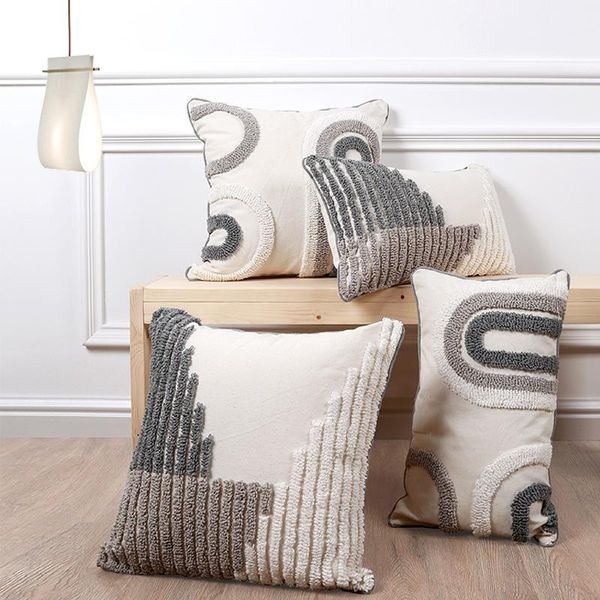 Cuscino/decorativo Boho Decor fodera in cotone trapuntato astratto grigio naturale per divano decorazione della casa soggiorno moderno camera da letto