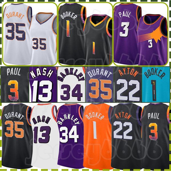 Devin Booker DeAndre Ayton Maglie da basket Kevin Durant Chris Paul Camicia Retro Mesh Steve Nash Charles Barkley Bianco 22 3 Nero 13 35 1 Phoenix''Suns''Jersey