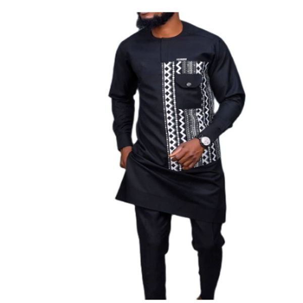 Afrikalı Erkekler Dashiki Uzun Kollu 2 Parça Set Geleneksel Afrika Giyim Çizgili Erkek Elbise Erkek Gömlek Pantolonları Siyah (M-4XL)