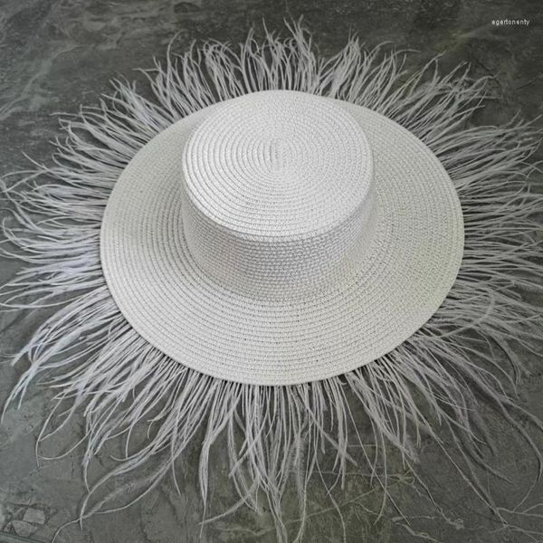 Chapéus largos de chapéus retro estilo socialite chapéu de palha liso Panamá penas de penas de beiral grande viseira da moda Western Beach Eger22