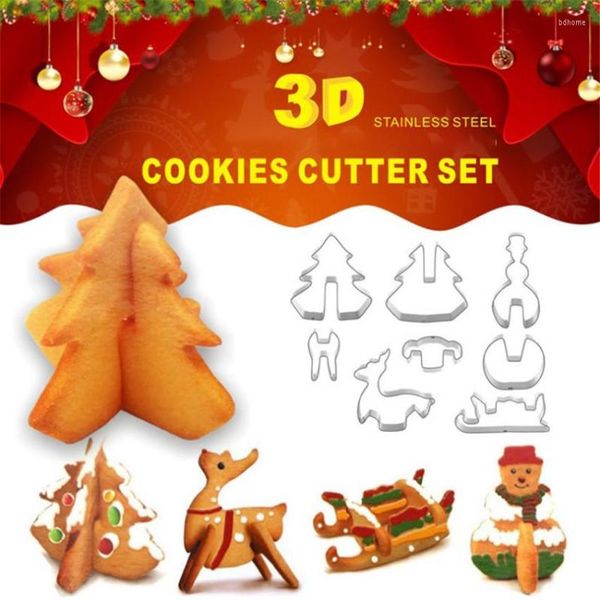 Moldes de cozimento 8pcs/conjunto de aço inoxidável 3d kit de biscoito Kit Kitchen DIY Árvore de Natal Treça de neve de biscoito Ferramentas de molde de biscoito