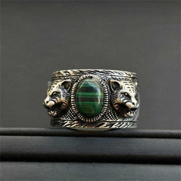 2023 Designer New Jewelry Silver Antique Green Green Turquoise Double Tiger Head Doze Zodíacos Domineu Anel de Personalidade