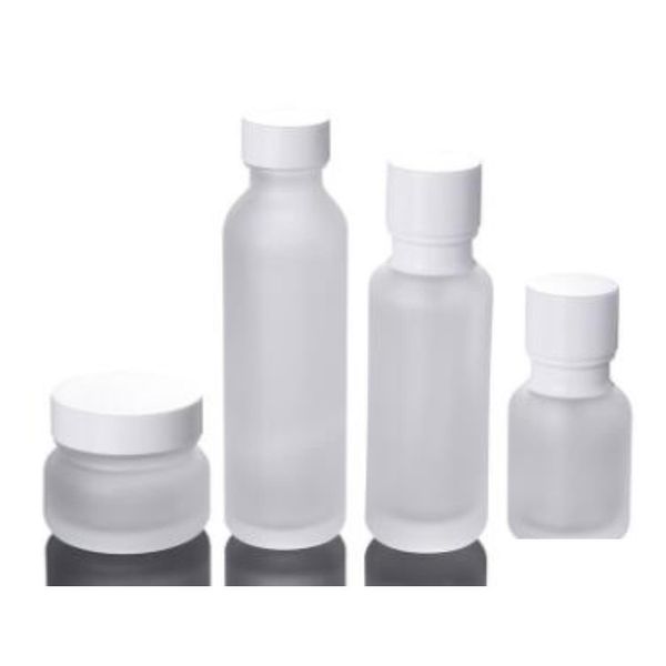 Bottiglie di imballaggio Imballaggio Vaso di vetro smerigliato Crema per lozione Vasetti cosmetici rotondi Bottiglia per pompa viso a mano con venatura del legno Ca Dhwfj