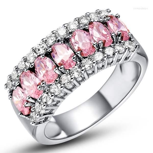 Anéis de casamento Hainon Fashion Pink Jewelry Zircon Silver Color Ring Presente de noivado de luxo para mulheres