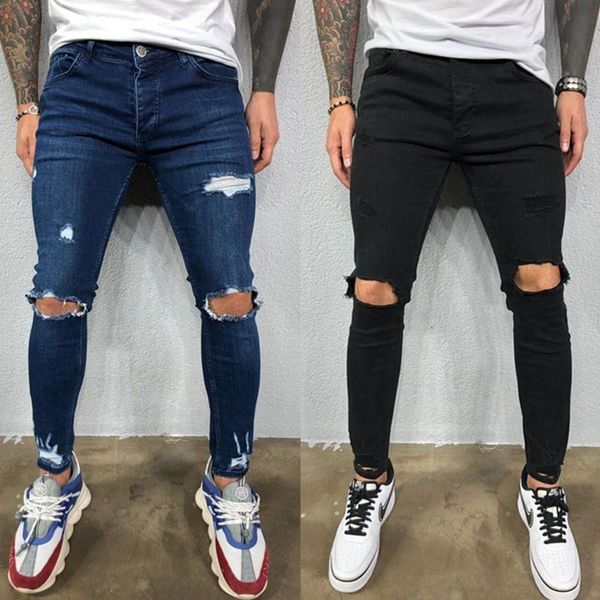 Мужские джинсы мужская коленная дыра разорванная растянутая джинсовая брюки с твердым цветом черный синий осенний лето в стиле хип -хопа Slim Fit Brousers S4XL 230317