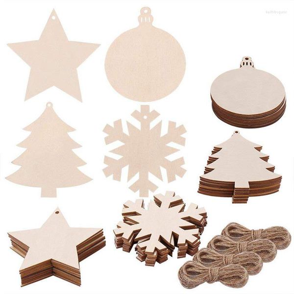 Decorazioni Natalizie WSFS 40 Pezzi 4 Fette di Legno Stile con Ritagli Rotondi di Albero di Fiocco di Neve in Legno e Spago di Iuta per Artigianato per Bambini