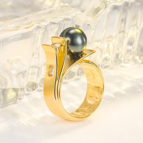 Anelli a grappolo anello di fidanzamento placcato in oro 18k per donne belle fedi nuziali Black Pearl Gemstone Jewellry Anillos de Silver 925 Gioielli