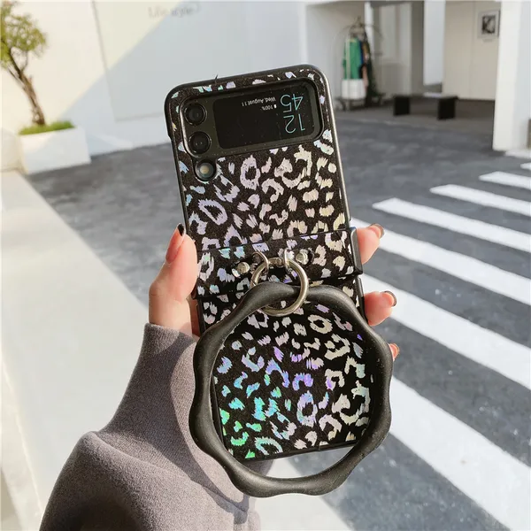 Складывание леопардового печати Vogue Phone Case для Samsung Galaxy Z Flip3 Flip4 5G прочный держатель кольца градиент цвет