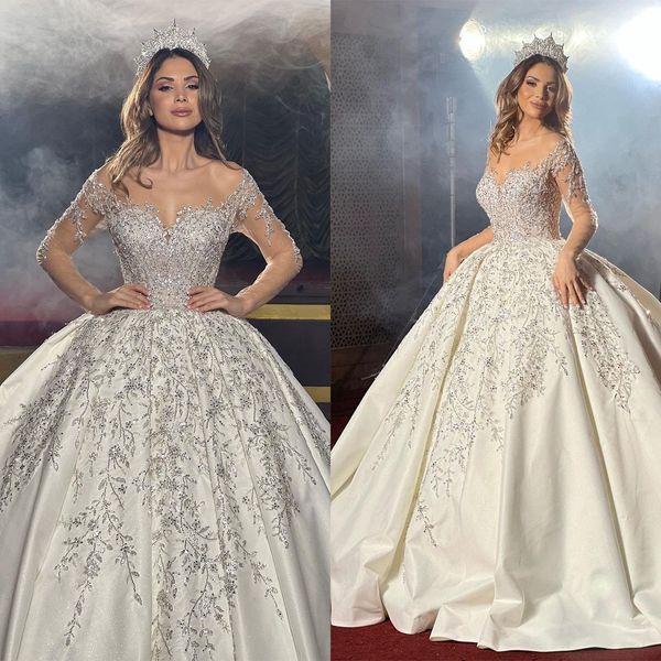 Abiti da ballo di lusso abiti da sposa a maniche lunghe a cuore che scintillano per le foglie scintillano con le paillettes di abito da cerniera con cerniera senza sposa