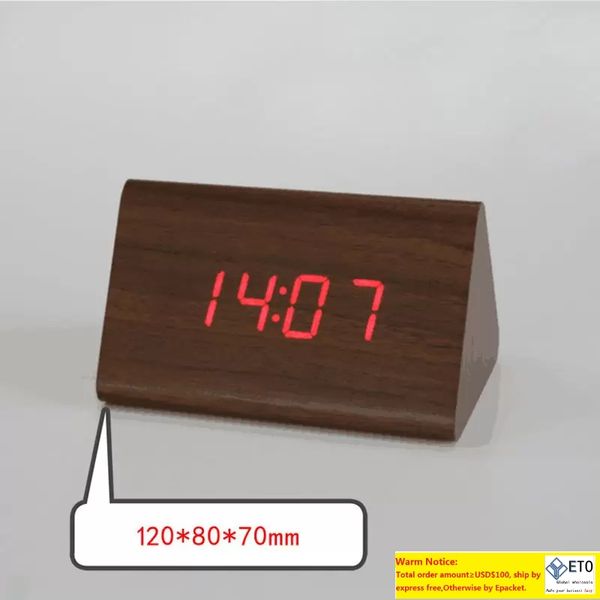 Holz-Schreibtischwecker, klassisches dreieckiges blaues digitales LED-Holzthermometer mit Einzelhandelsverpackung, hohe Qualität