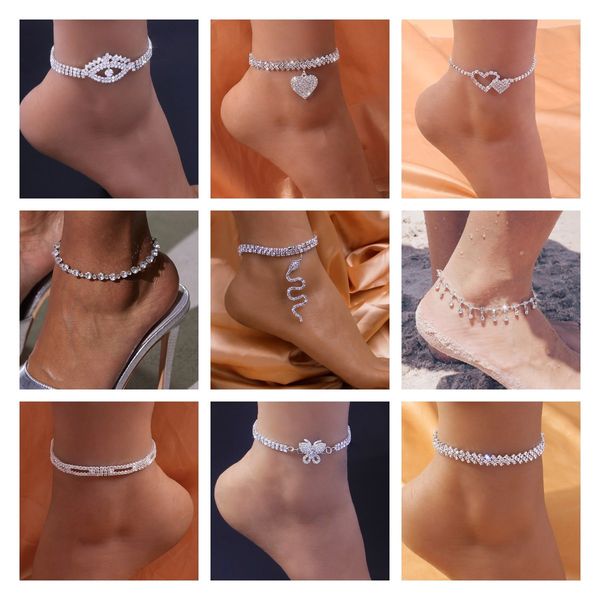 Bling Herz Schmetterling Auge Charm Anhänger Kette Fußkettchen für Frauen Boho Sexy Glänzende Strass Sommer Schmuck Iced Out Volldiamant Rock Armband Bikini Strand Party Geschenk