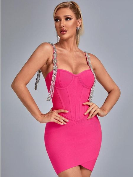 Casual Kleider Frauen Sommer Damen Sexy V-ausschnitt Rosa Schwarz Kristall Diamanten Mini Bodycon Verband Kleid 2023 Elegante Abend Party Club DressC