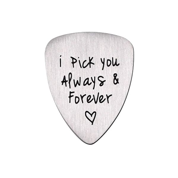 Plettro per chitarra intagliato in acciaio al titanio I Pick You Always Forever Letter Inciso Ukulele Pick Accessorio per strumenti musicali