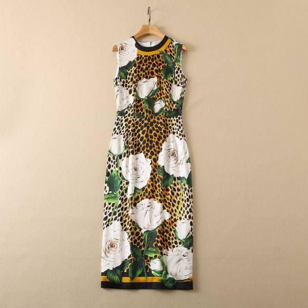 Весенняя круглая шея натуральное настоящее шелковое платье с цветочным принтом многоцветно многоцветно леопардового принта белый карандашные платья в середине карандаша 22G210040