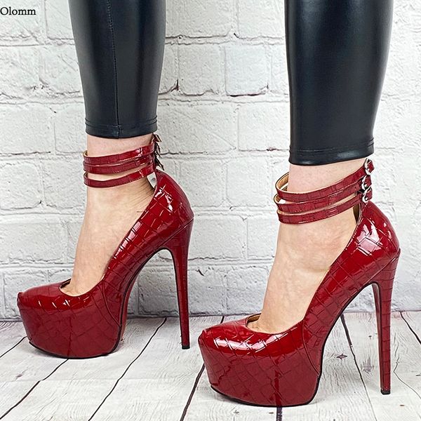 Olomm New Fashion Women Women Spring Pumps Каменный рисунок лодыжка на каблуках с шпильком круглой, винные красные туфли, а также размер 5-20