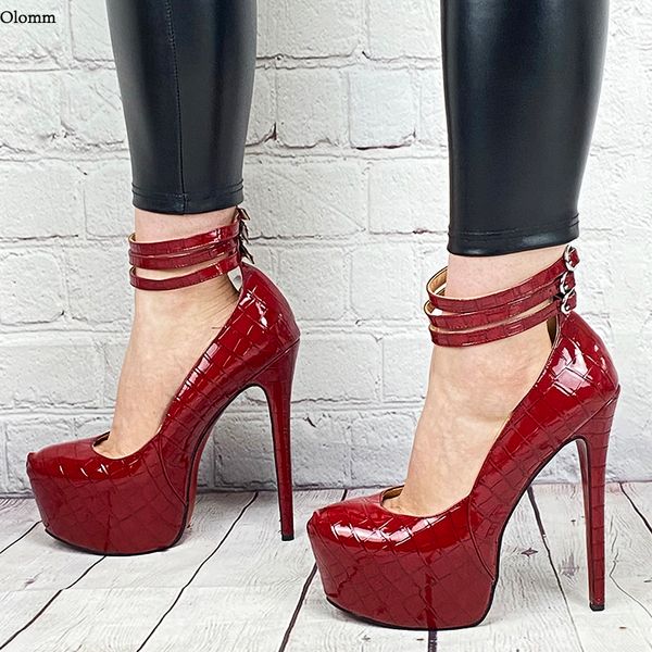 Olomm Neue Mode Frauen Frühling Pumpen Stein Muster Ankle Strap Stiletto Heels Runde Kappe Weinroten Kleid Schuhe Plus UNS größe 5-20