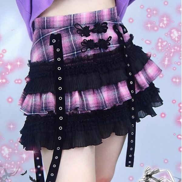 Röcke Japanische Harajuku Mädchen Rosa Plaid Hohe Taille Plissee Ballkleid Punk Süße Lolita Kuchen Mini Rock Y2K Mode Frauen rockRöcke