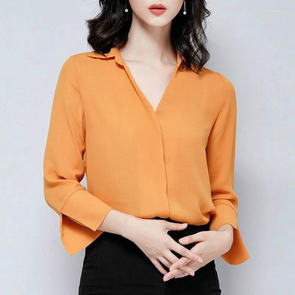 Damenblusen Frühling Sommer Mode Büro Dame Frauen V-Ausschnitt Flare Ärmel Chiffonbluse Elegante Frau Weiblich Schlank Orange Strickjacke