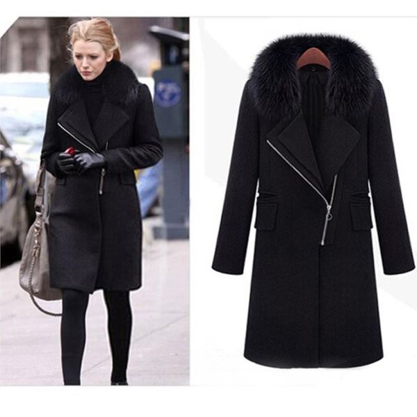 Lã feminina mistura moda de inverno outono feminino parka longa casaco preto com colarinho de pele 3xl jaqueta de trincheira abrigos mujer elegantes cape