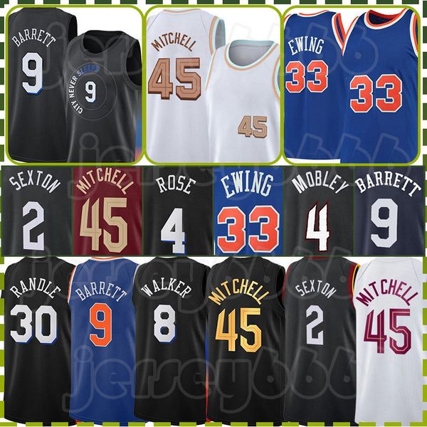 RJ Barrett Mesh Patrick Ewing Jerseys de basquete Derrick Rose Donovan Mitchell Retro Kemba Walker Black Julius Randle Evan Mobley White Collin Sexton Camisa 9 45 mens