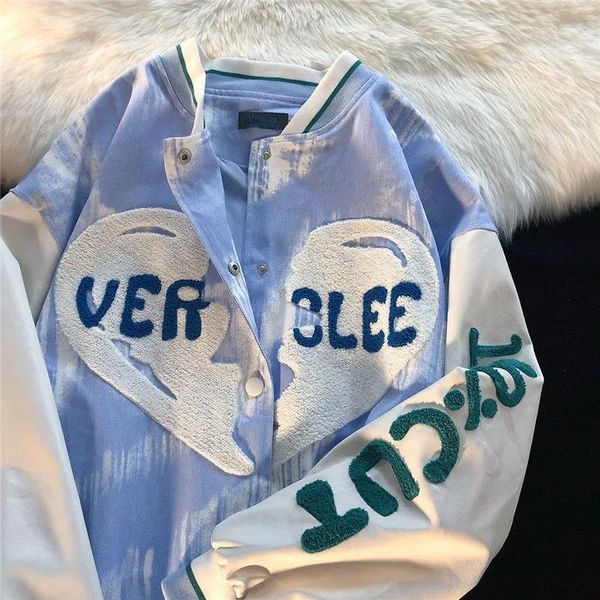 Kadın Ceketleri Gökyüzü Mavi Renk Blok Lover 3D Baskı Beyzbol Ceketi Kadınlar Kawaii Estetik Denim Katlar Dış Giyim Kore Moda Sokak Giyim