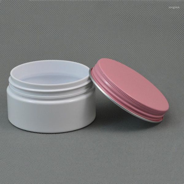 Bottiglie di stoccaggio 30pc 100g Contenitori cosmetici in plastica bianca Bottiglia di siero vuota Coperchio in alluminio oro rosa Candela rotonda con tappo a vite da 3,5 once