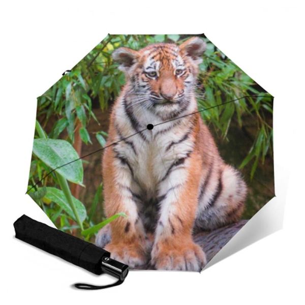 Umbrulhas Tiger Impressão automática de três guarda -chuva dobrável Sun Girl Parasol Rain Rain Outdoor Paraguas Parapluie