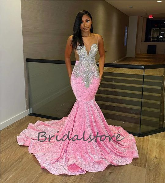 Bellissimo vestito da ballo per ragazze nere con paillettes rosa Plus Size Mermaid Sparkle Crystal Beaded Eveningiing Gowns Fishtail Party formale Robes De Soiree femminile Vestido Noche