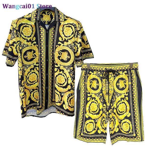 Wangcai01 Menina masculina Marca de moda Braque de camisa barrocor e shorts para homens Coroa de tracksuit havaiana de verão Impressão curta seve camisa de praia MA 0318H23