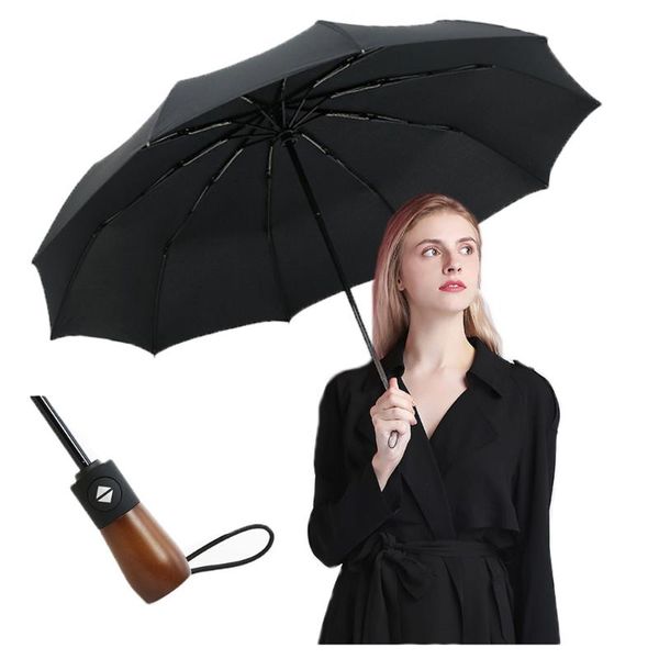 Regenschirme 210T Pongee Automatische Sonnenschirm Business Männer Holzgriff 10K Falten Sonnenschutz Anti UV Sonnenschirm Winddicht