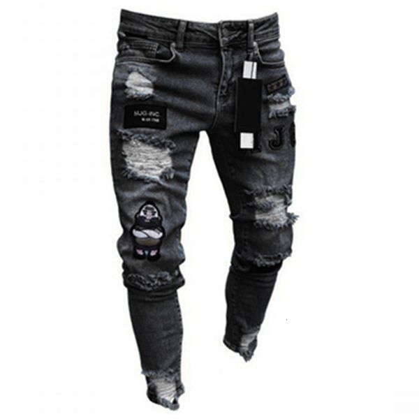 Jeans da uomo Uomo Elasticizzato Strappato Skinny Biker Ricamo Stampa cartoon Foro distrutto Slim Fit Denim Hip Hop di alta qualità Nero 230317